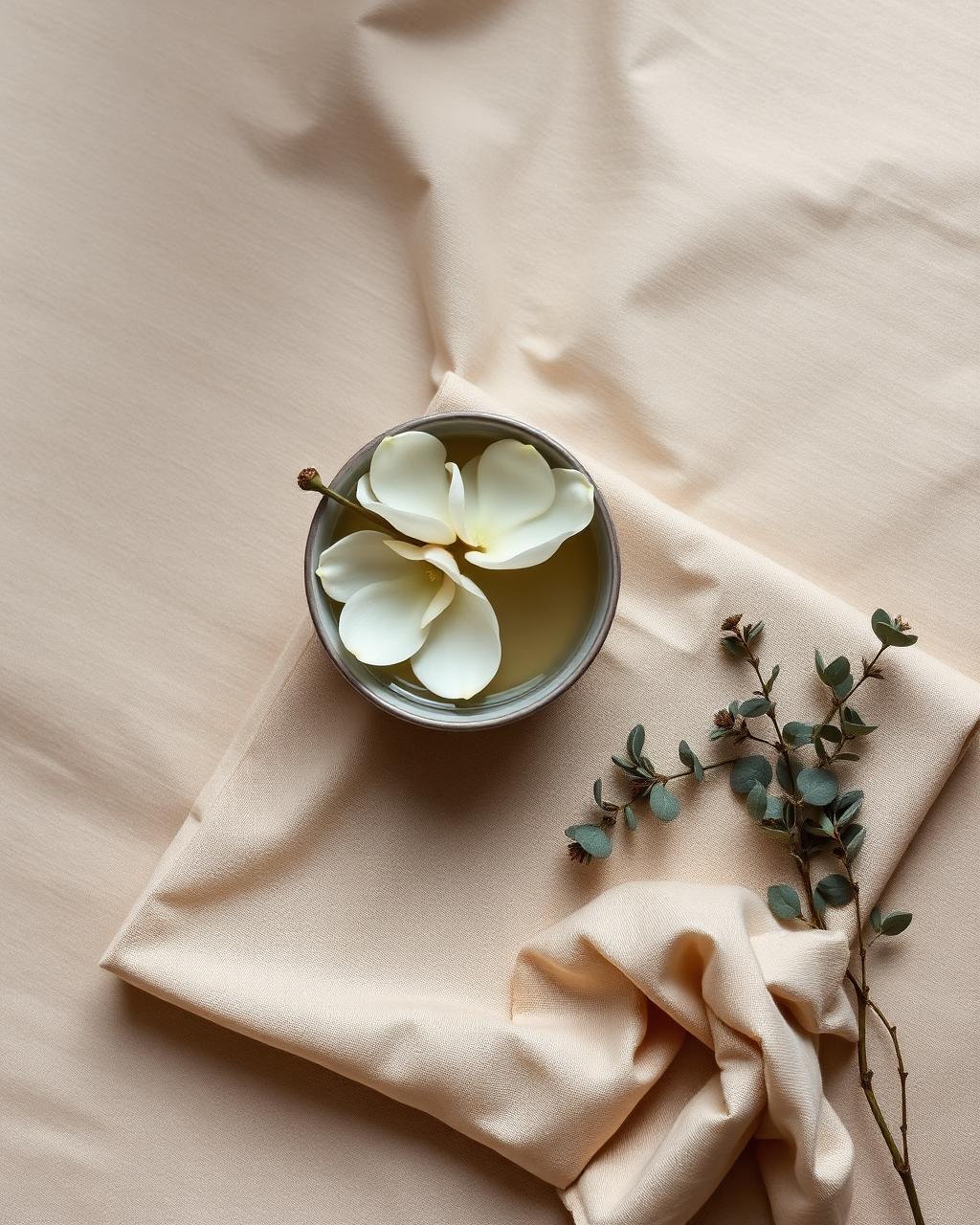 Still life of magnolia petals in a ceramic bowl on linen