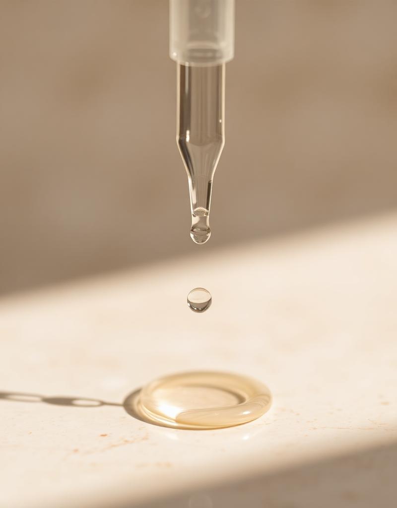 Serum droplet from glass pipette on stone surface